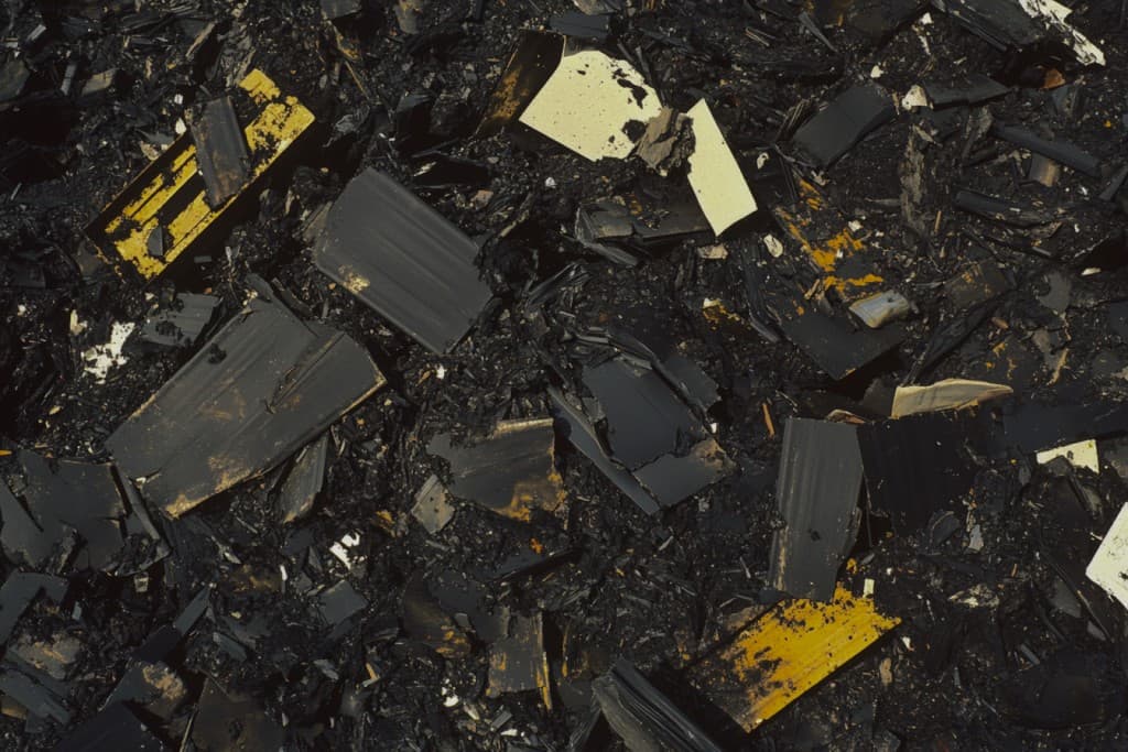 Shredded industrial waste with gold-painted fragments