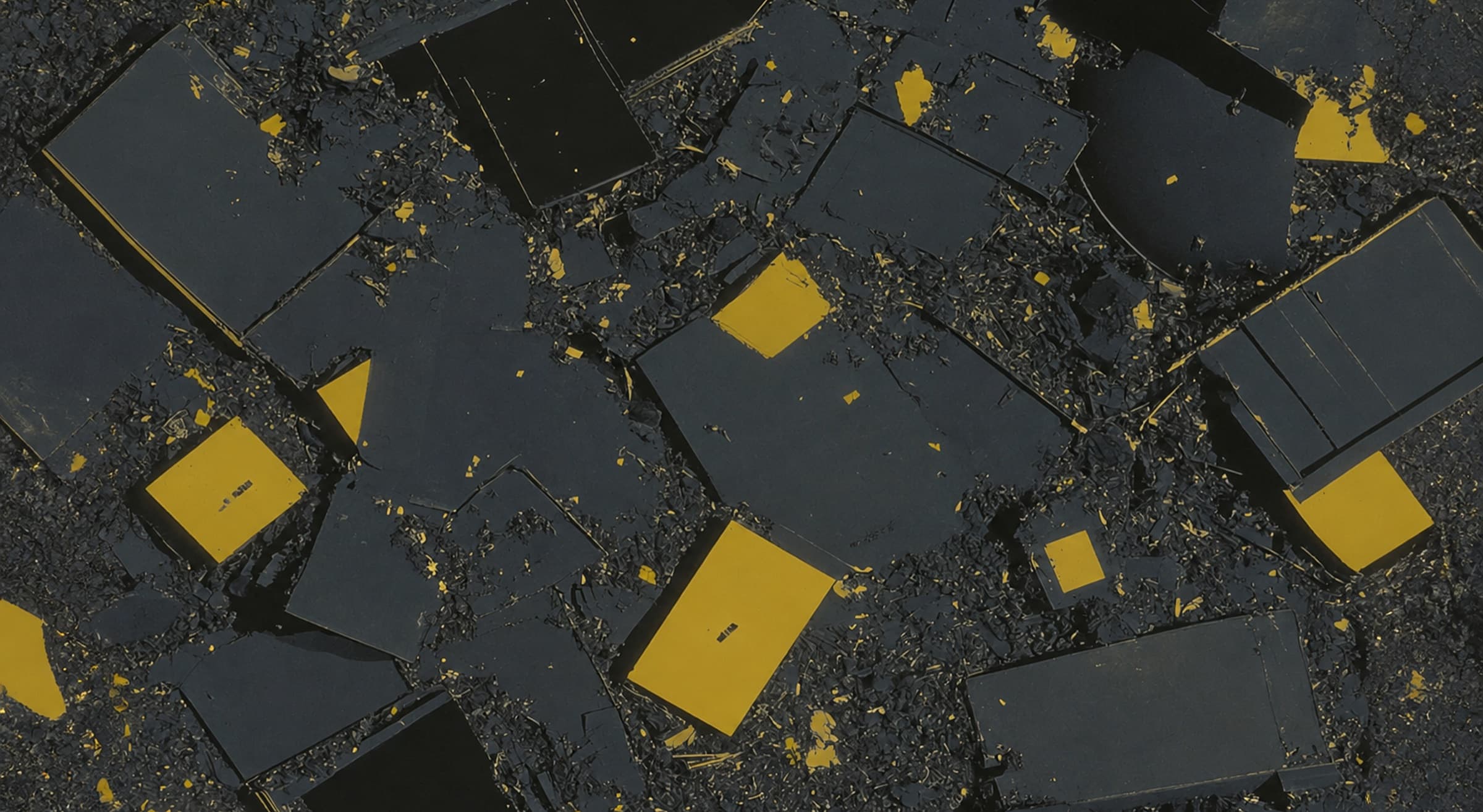 Dark industrial waste debris flecked with gold-painted fragments